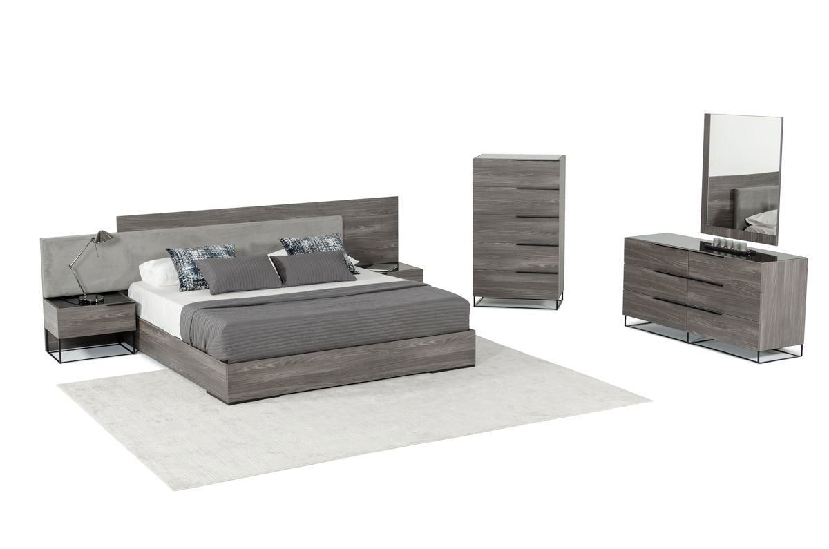 California King Nova Domus Enzo Italian Modern Grey Oak & Fabric Bed w/ Nightstands - Mac & Mabel