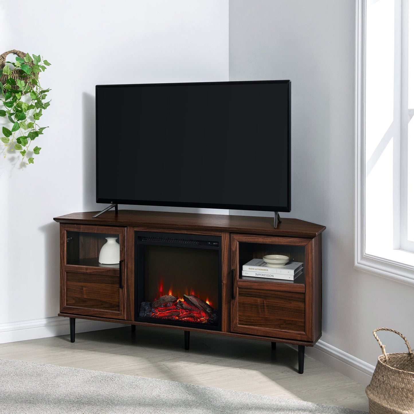 Modern Angled-Side Fireplace Corner TV Stand for TVs up to 60”