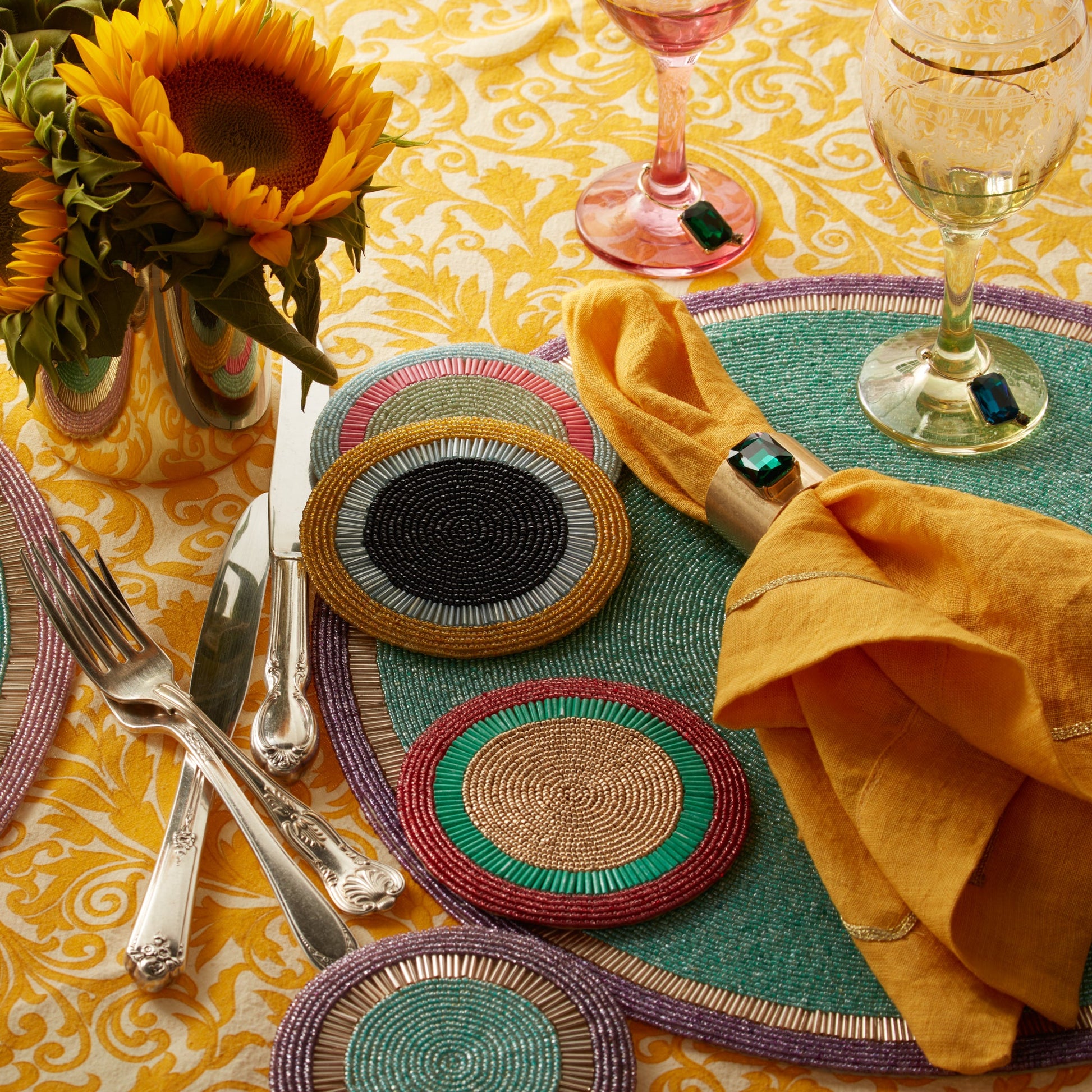 Gold Trim Dinner Napkins, Yellow, Set of Two