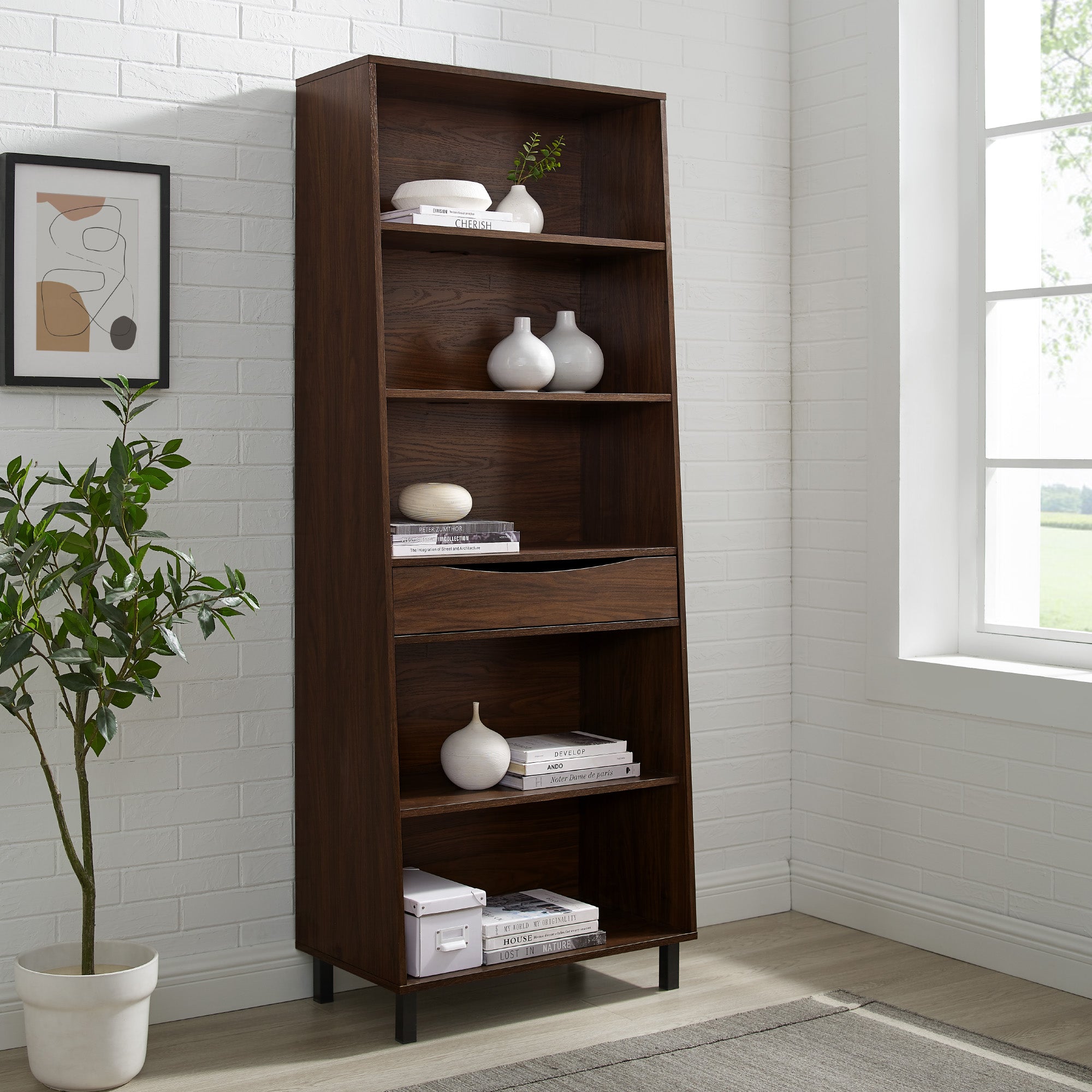 Modern 5-Shelf Bookshelf with Drawer