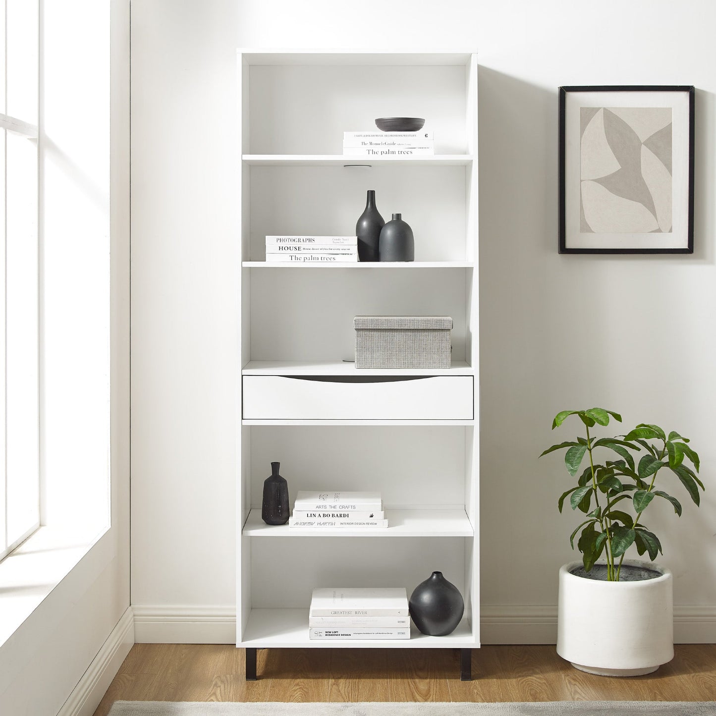 Modern 5-Shelf Bookshelf with Drawer