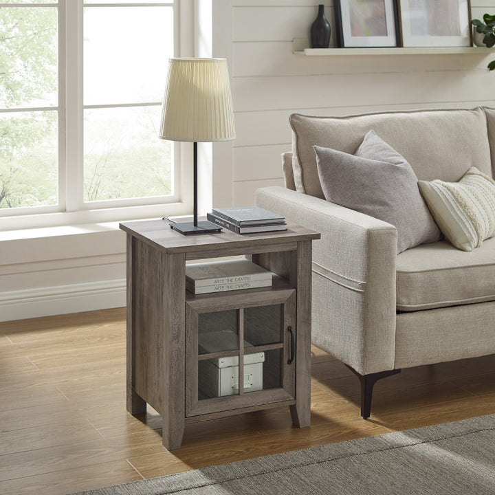 Modern Windowpane Glass Door Side Table with Open Cubby