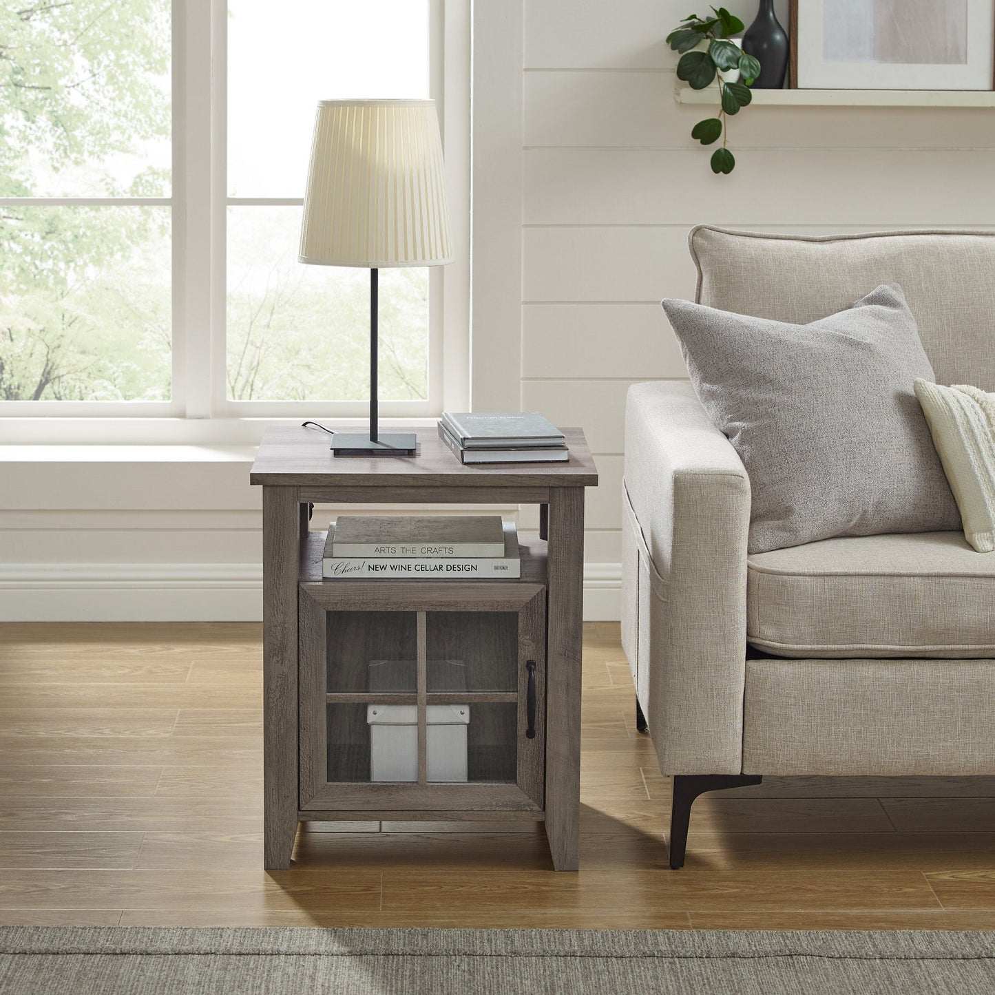 Modern Windowpane Glass Door Side Table with Open Cubby