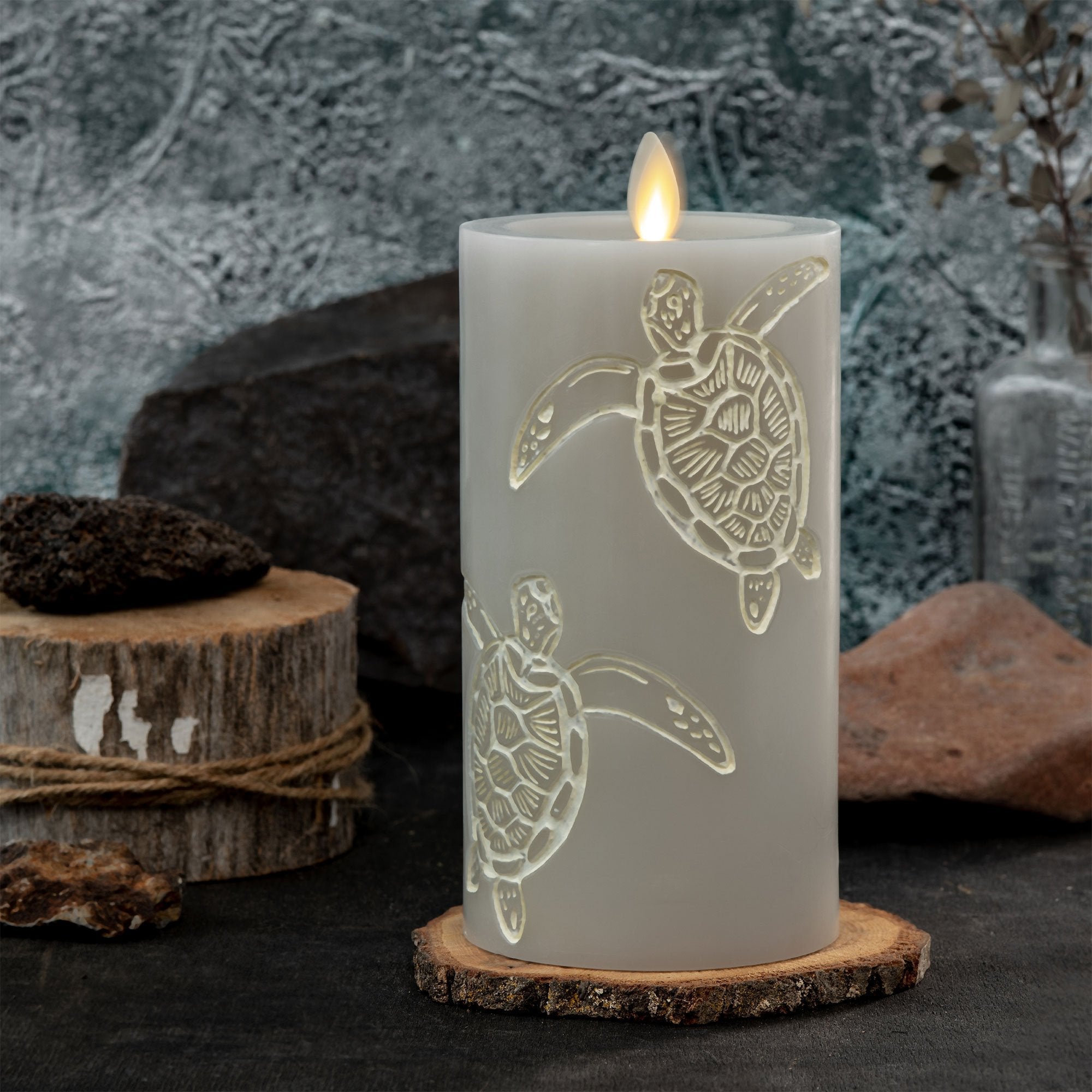 Sandy Grey Flameless  Sea Turtle Candle Pillar - Recessed Top