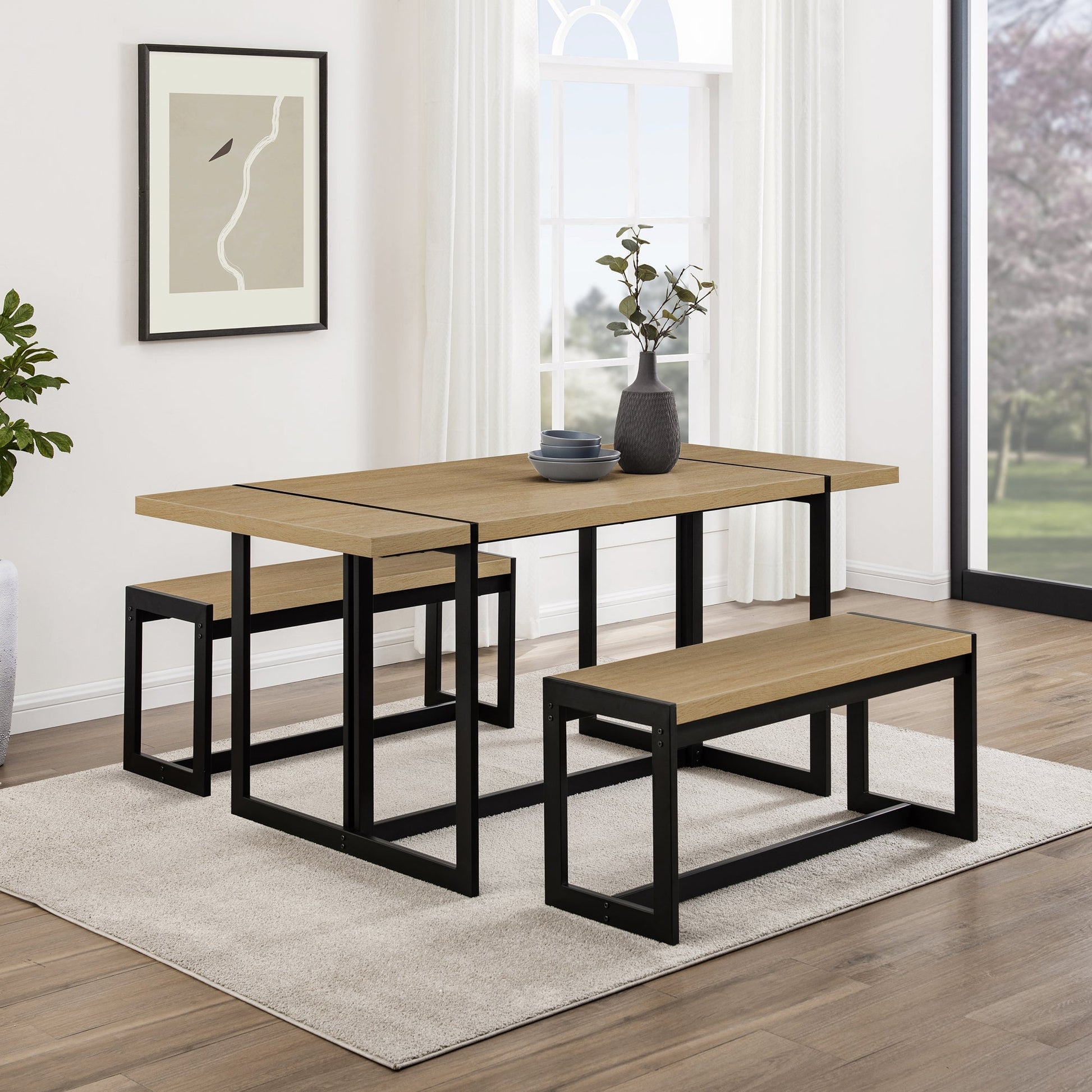 Vance Modern Industrial 3-Piece Metal and Wood Rectangle Dining Set