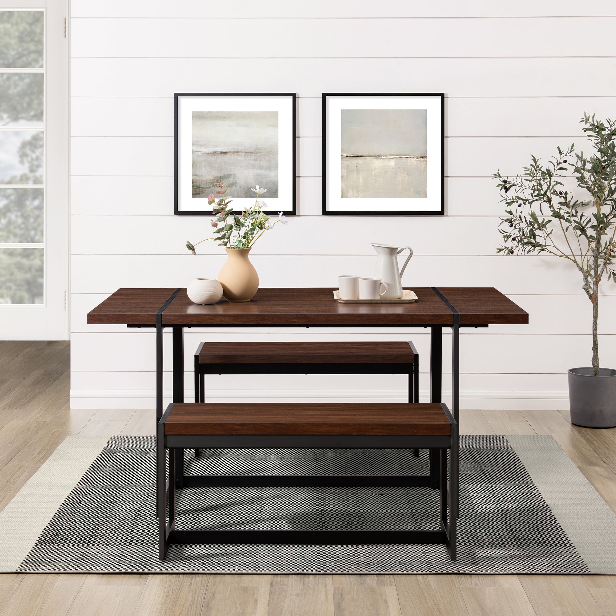 Vance Modern Industrial 3-Piece Metal and Wood Rectangle Dining Set