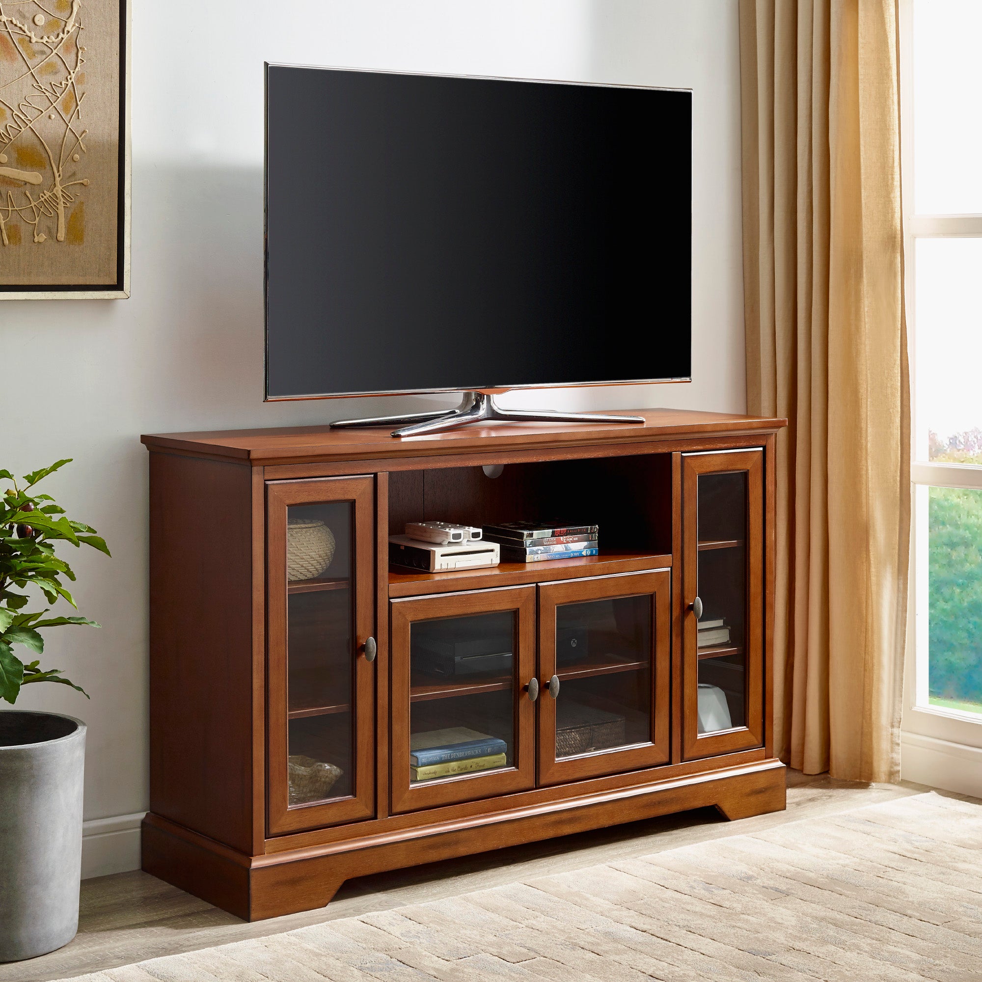 Highboy Transitional Glass Wood TV Stand