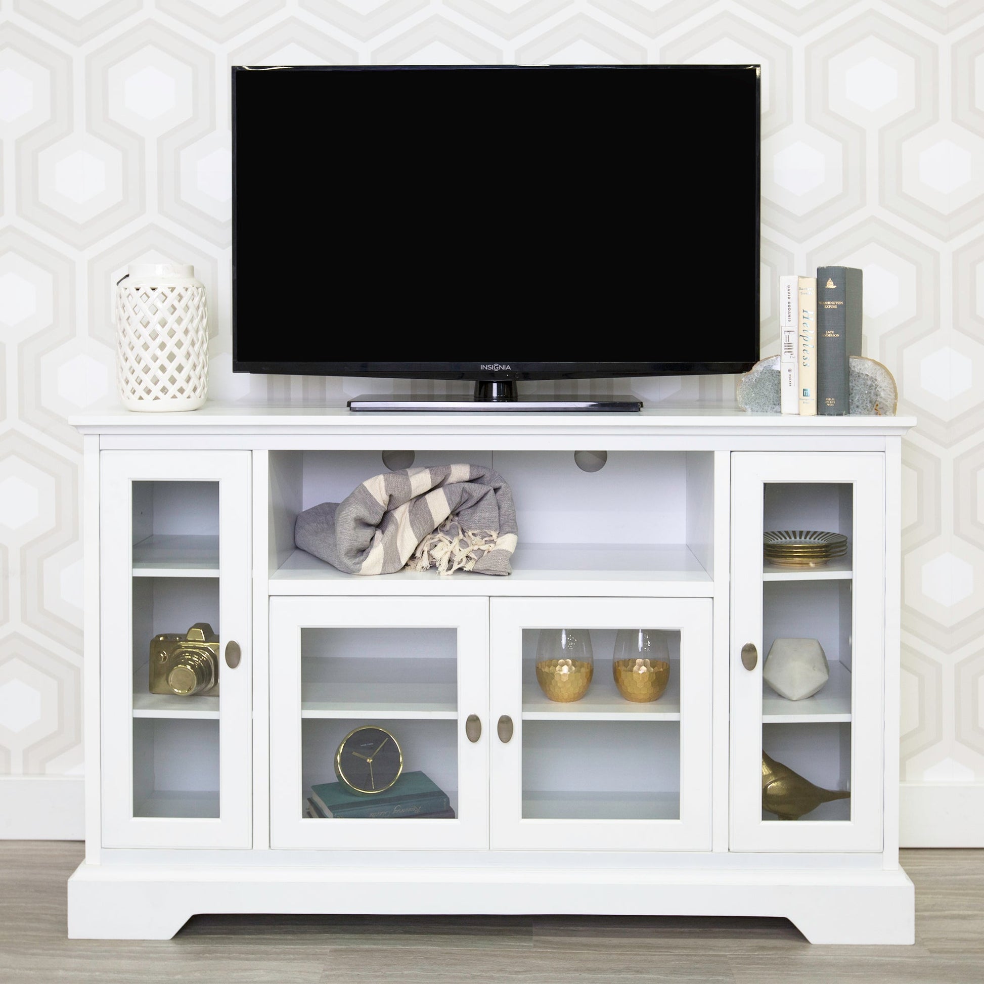 Highboy Transitional Glass Wood TV Stand