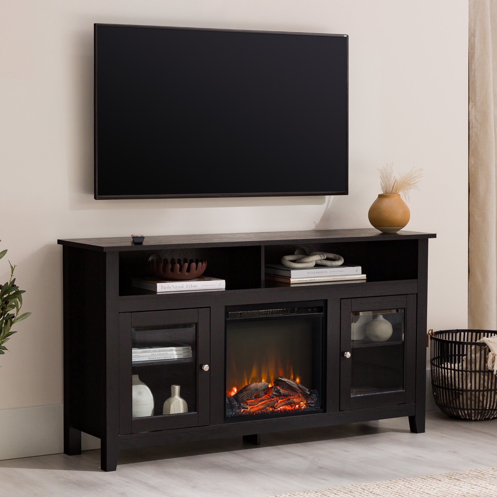 Wasatch 58" Transitional Fireplace Glass Wood TV Stand