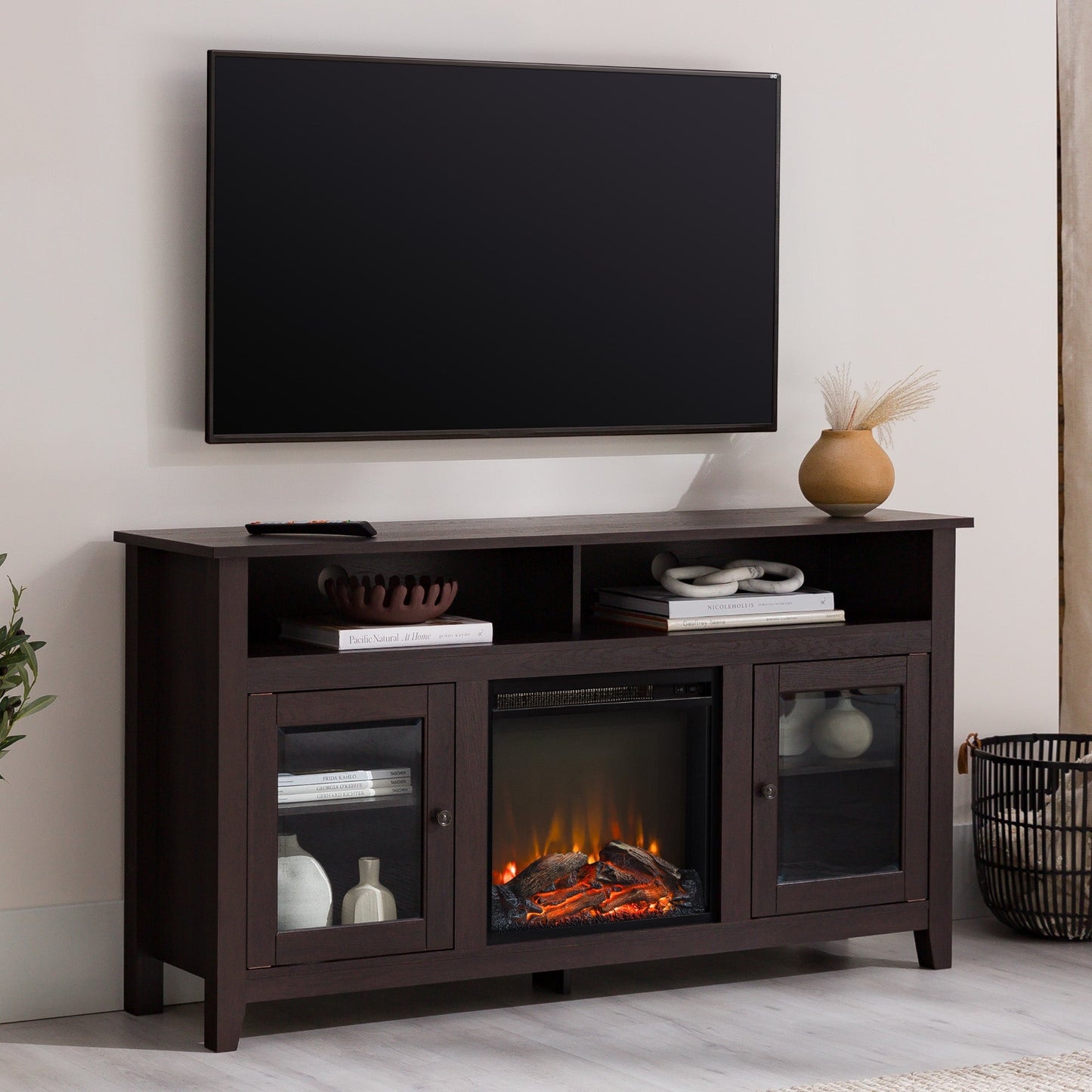 Wasatch 58" Transitional Fireplace Glass Wood TV Stand