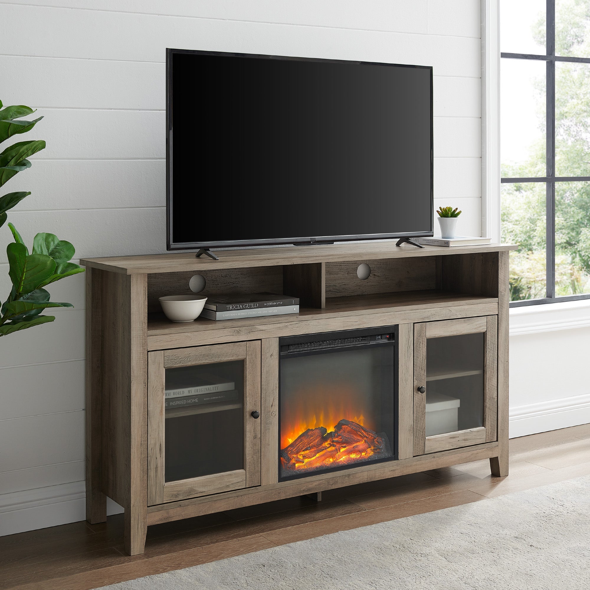 Wasatch 58" Transitional Fireplace Glass Wood TV Stand