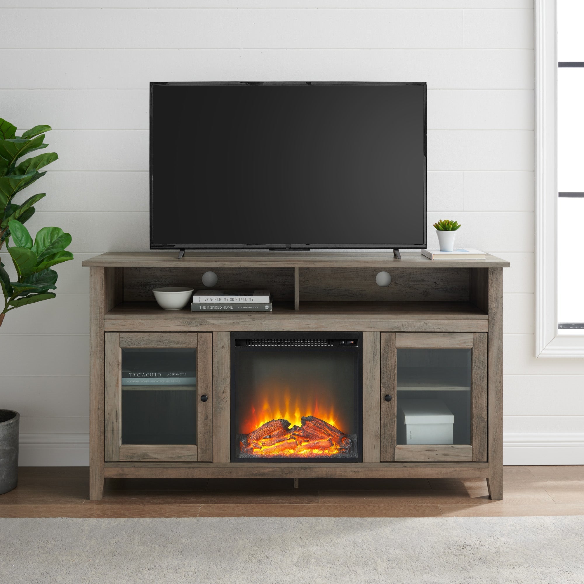 Wasatch 58" Transitional Fireplace Glass Wood TV Stand