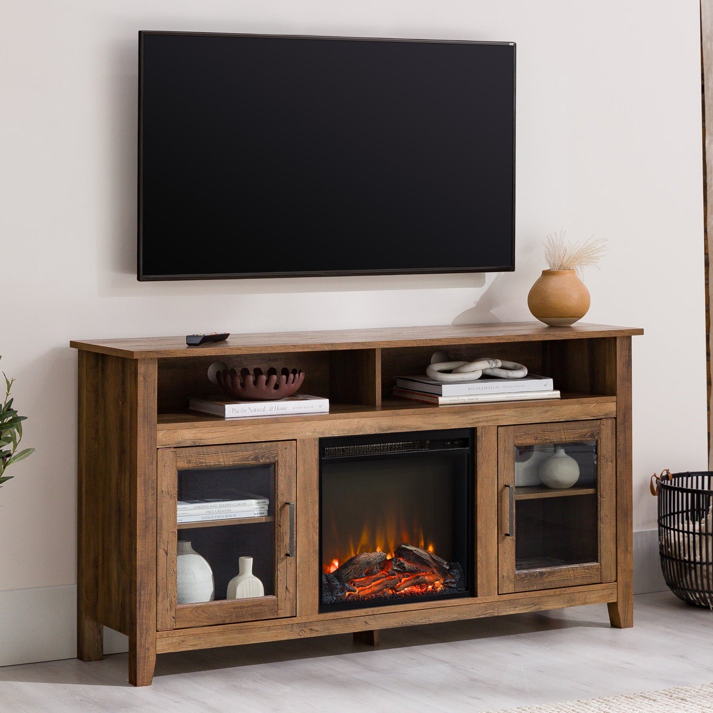 Wasatch 58" Transitional Fireplace Glass Wood TV Stand