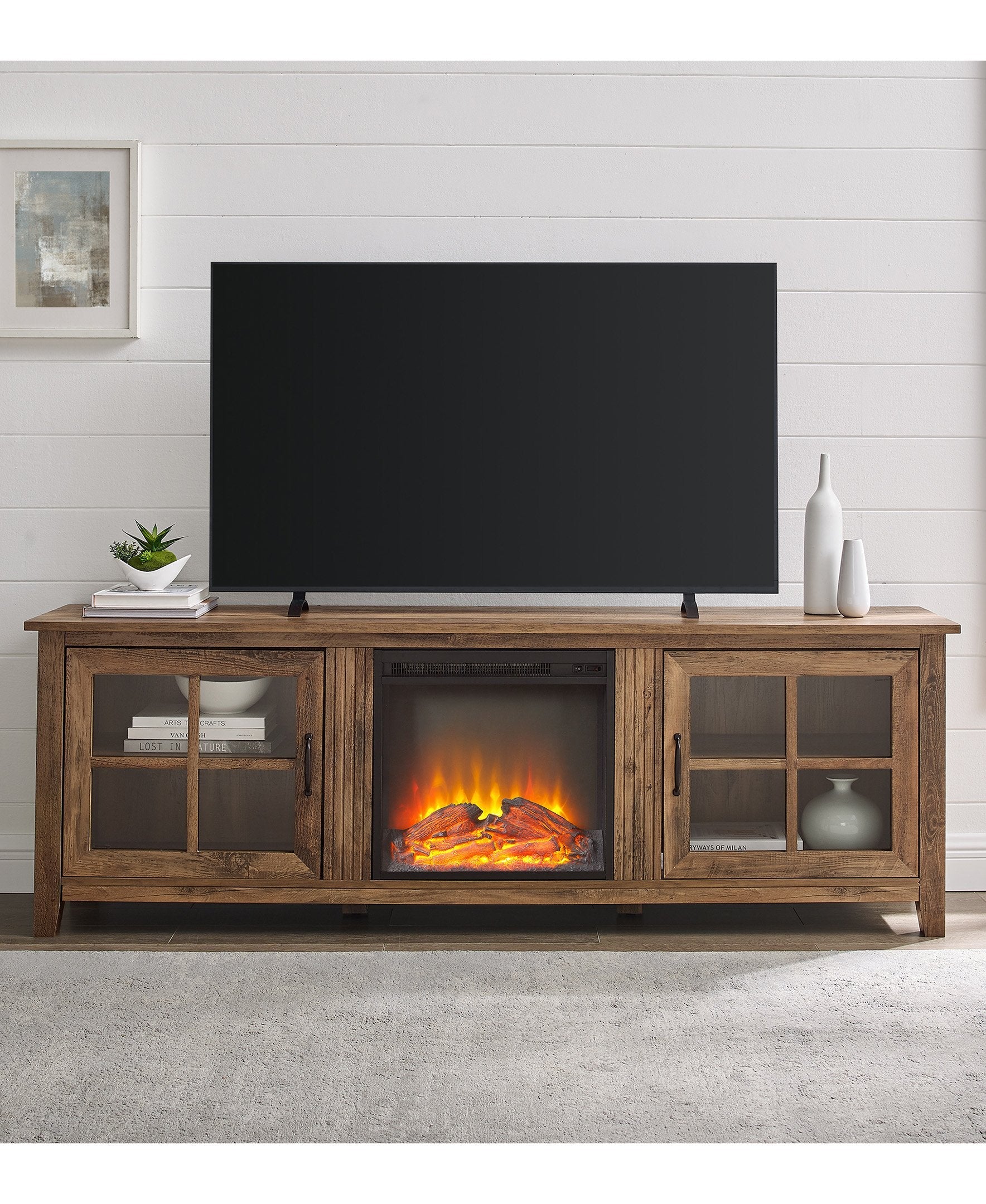 Simple Fireplace Console with Glass Doors