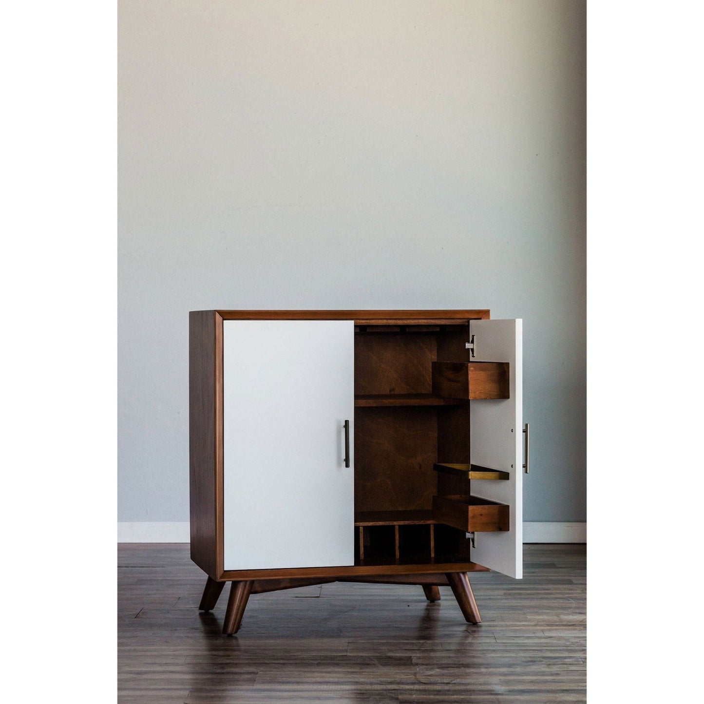 Flynn Small Bar Cabinet, Acorn/White - Mac & Mabel