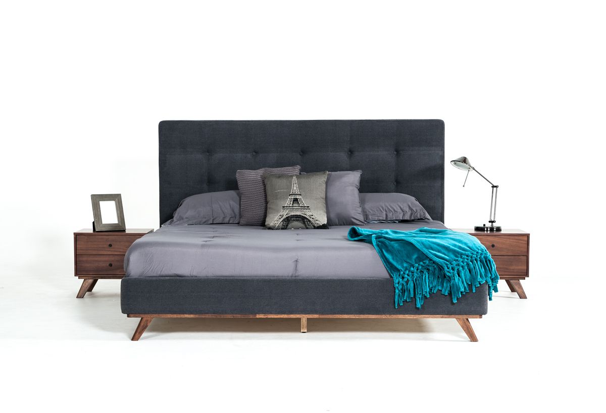 Queen Modrest Addison Mid-Century Modern Grey Fabric & Walnut Bed