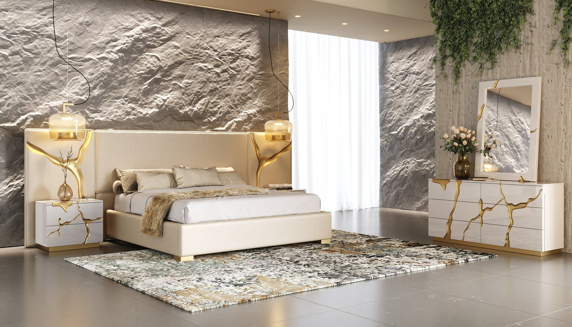 Modrest Aspen - Modern Beige + White + Gold Bedroom Set