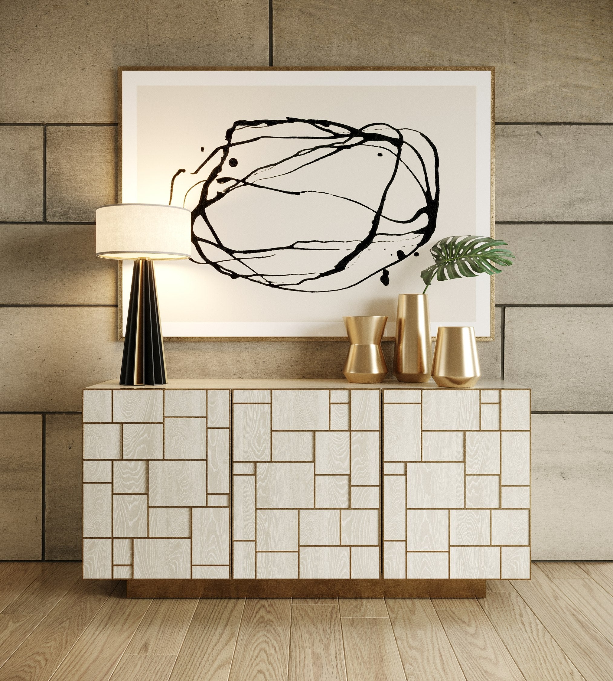 Modrest Auer - Mid-Century Modern Cream Ash + Gold Buffet