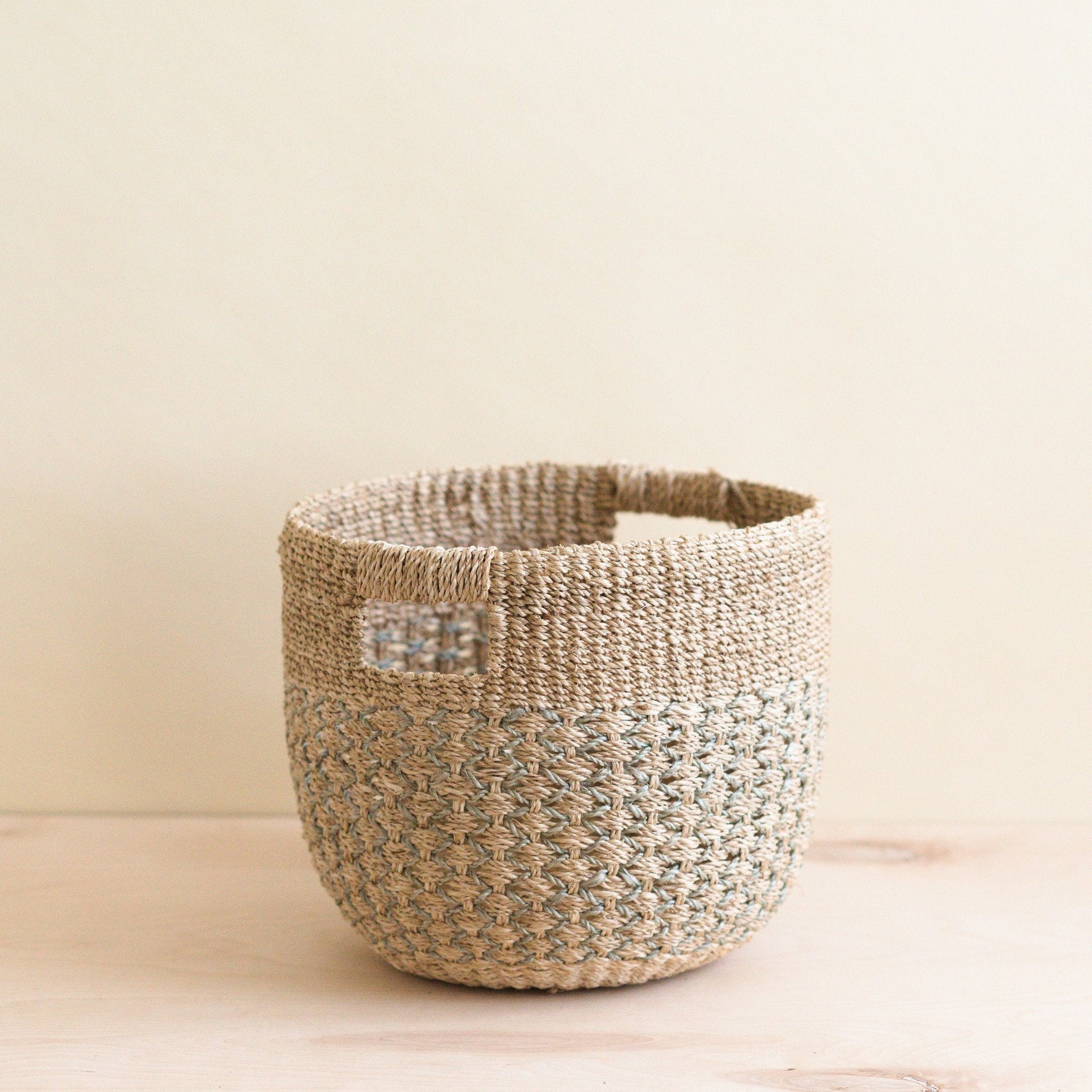 Grey Patterned Round Woven Basket