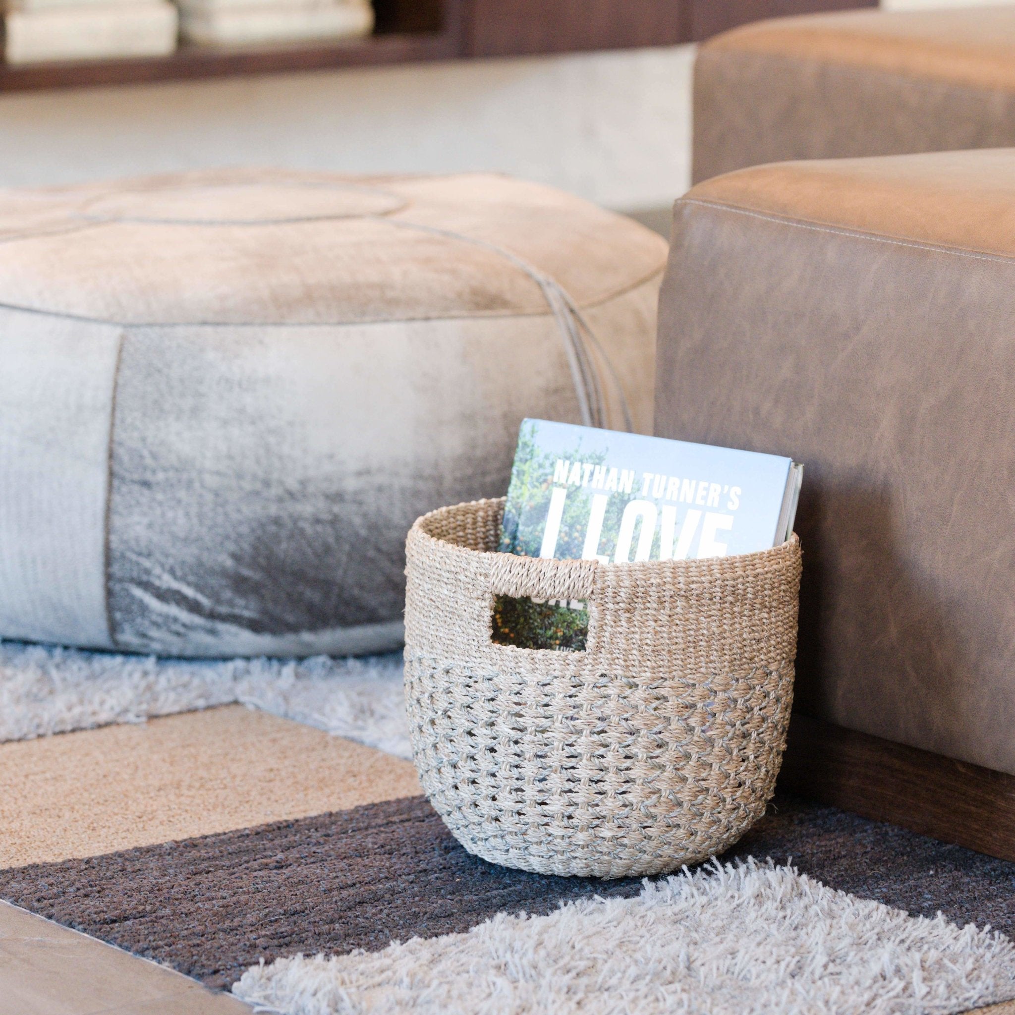 Grey Patterned Round Woven Basket