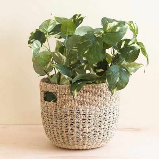 Grey Patterned Round Woven Basket