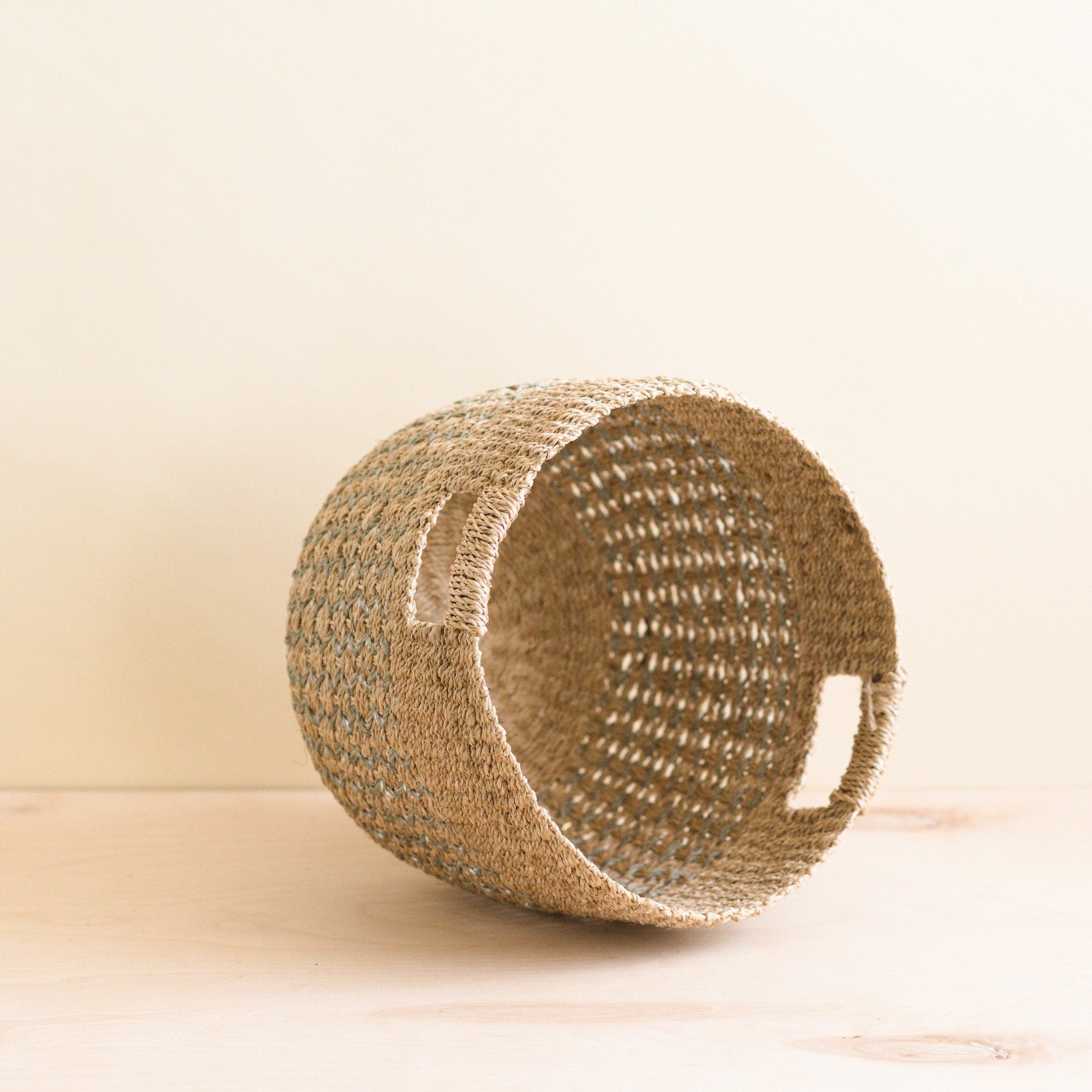 Grey Patterned Round Woven Basket