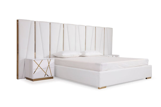 Queen Modrest Nixa Modern White Bonded Leather & Gold Bed