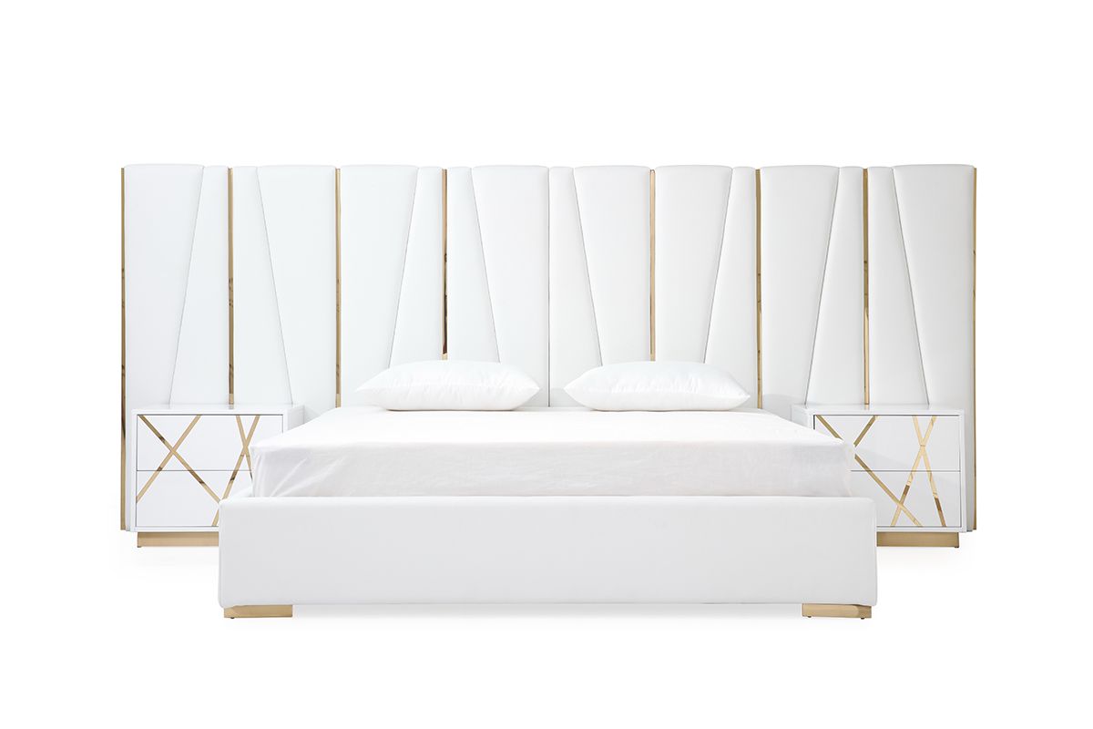 Queen Modrest Nixa Modern White Bonded Leather & Gold Bed