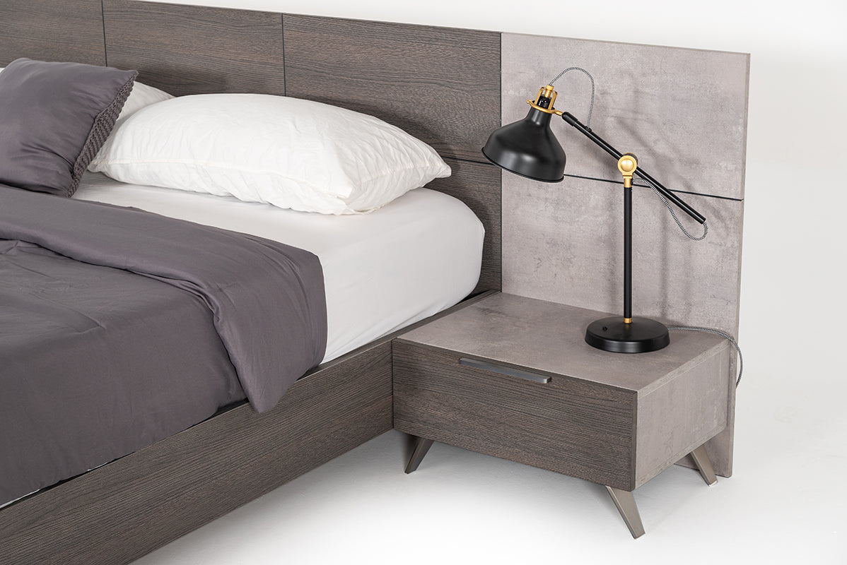 Nova Domus Bronx Italian Modern Faux Concrete & Grey Bed + 2 Nightstands Set