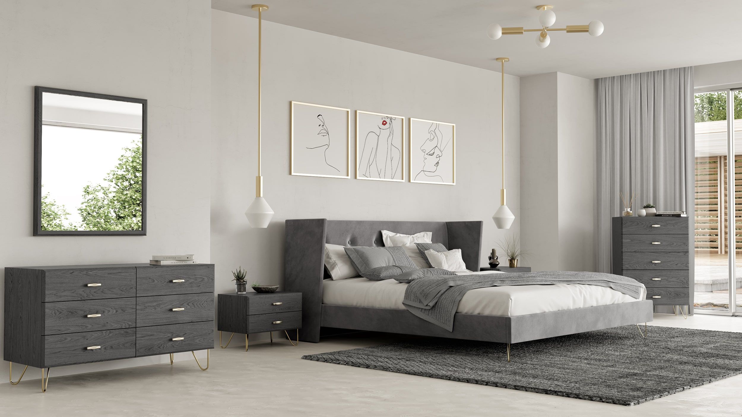 Queen Nova Domus Bryan Modern Grey Velvet & Gold Bed