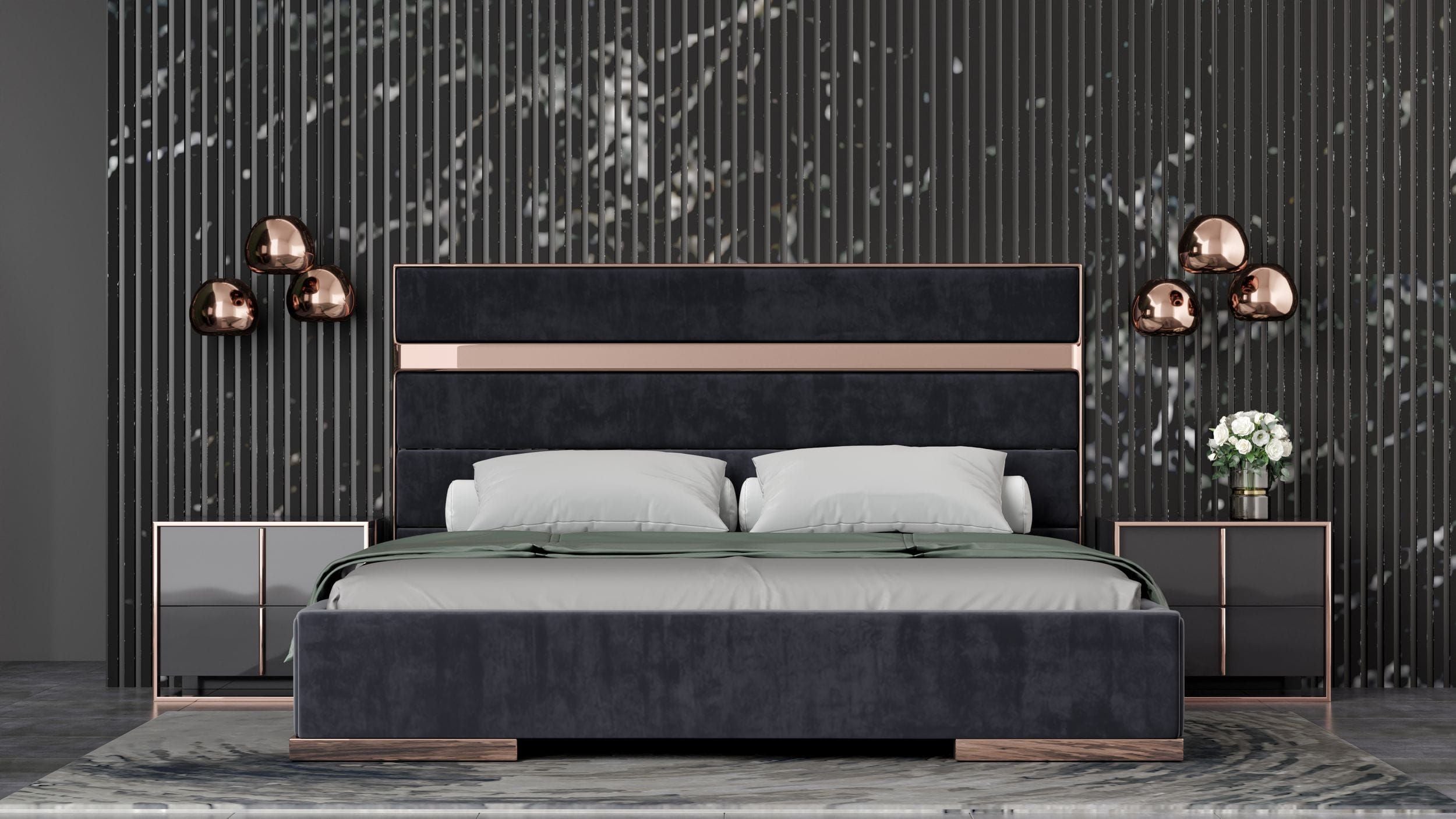 Queen Nova Domus Cartier Modern Black Velvet & Brushed Bronze Bed