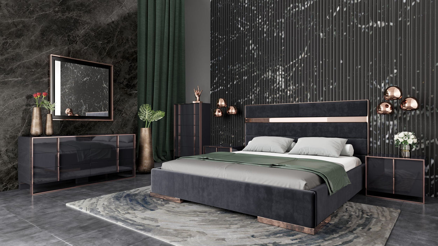 Queen Nova Domus Cartier Modern Black Velvet & Brushed Bronze Bed