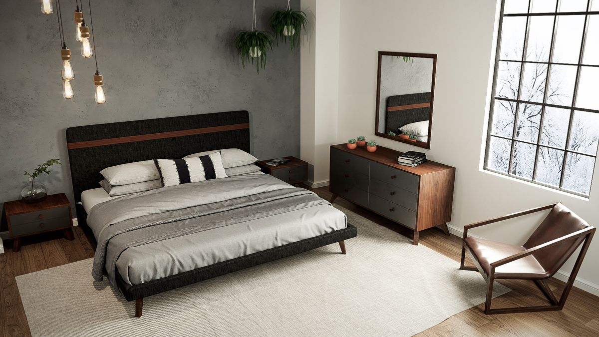 Queen Nova Domus Dali Modern Grey Fabric & Walnut Bed