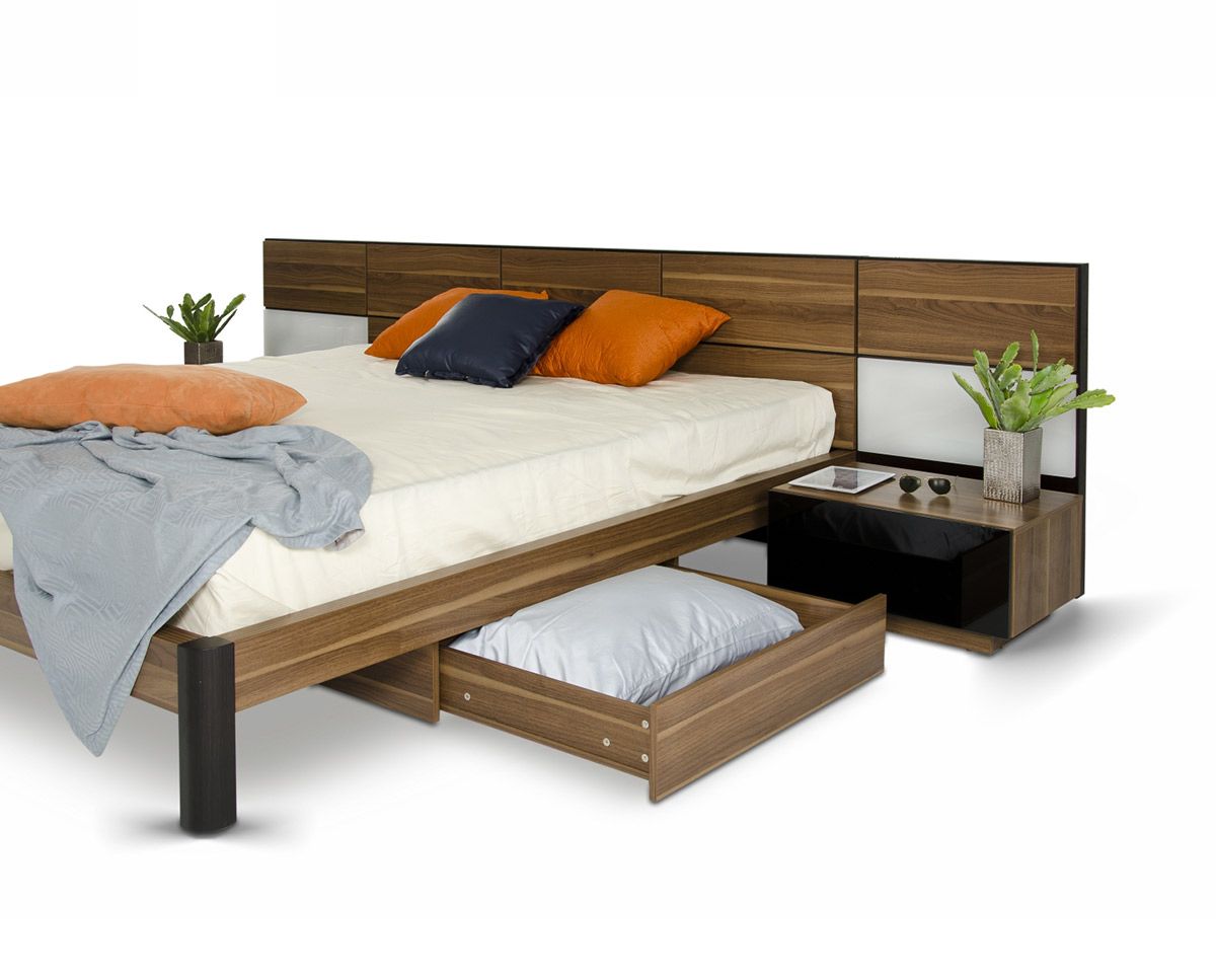 Queen Rondo Modern Platform Bed w/ Nightstands Storage And Lights