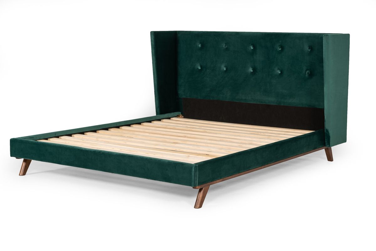 Queen Nova Domus Durango Modern Green Fabric & Walnut Bed