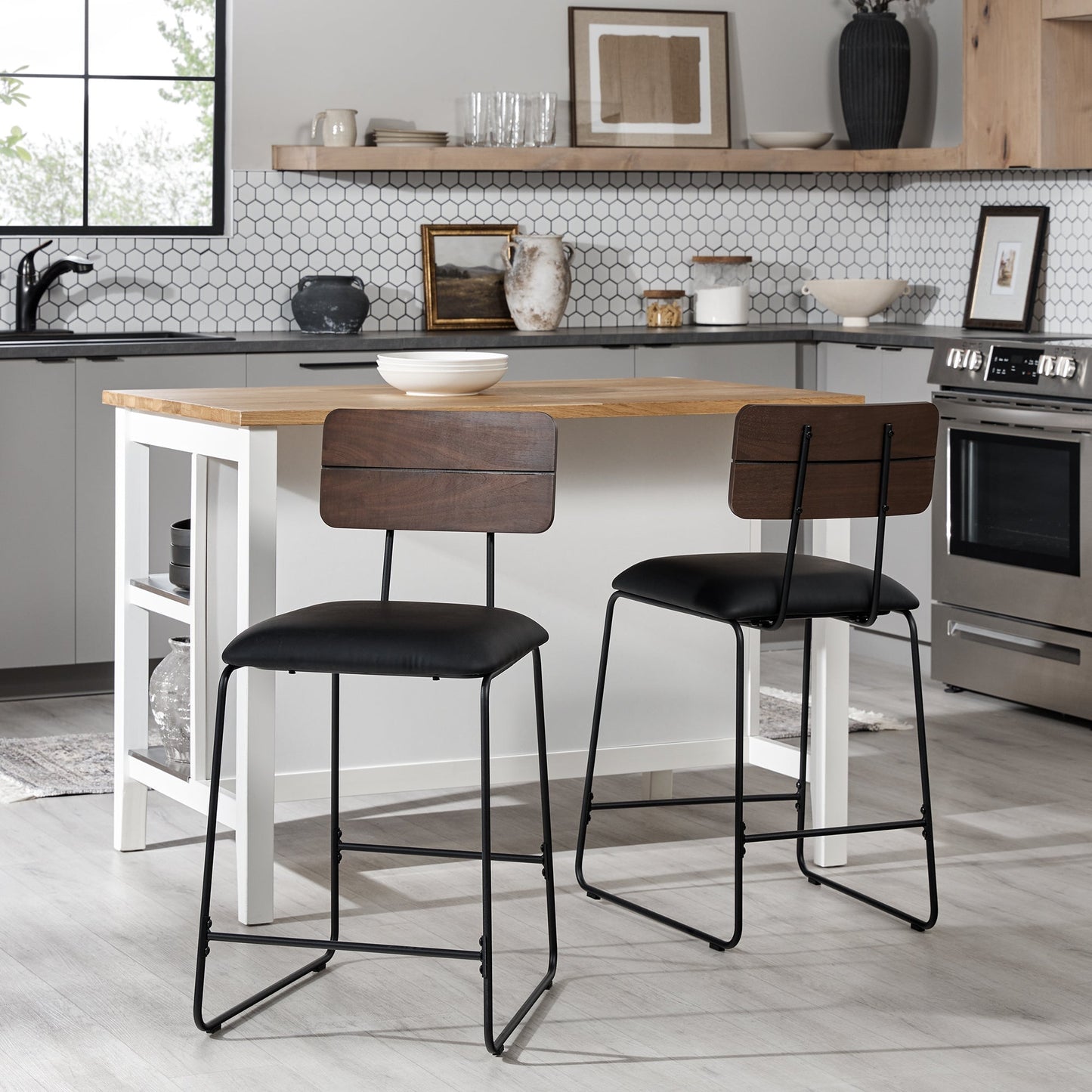 Roland Modern 2-Piece Faux Leather Metal and Wood Counter Stool Set