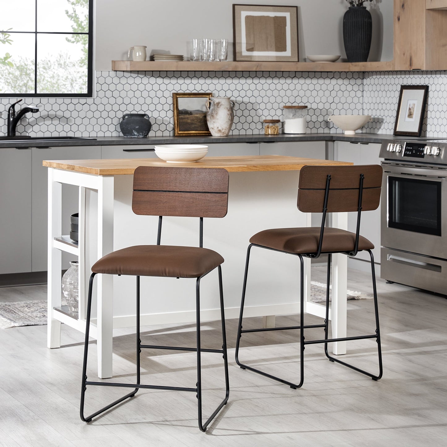 Roland Modern 2-Piece Faux Leather Metal and Wood Counter Stool Set