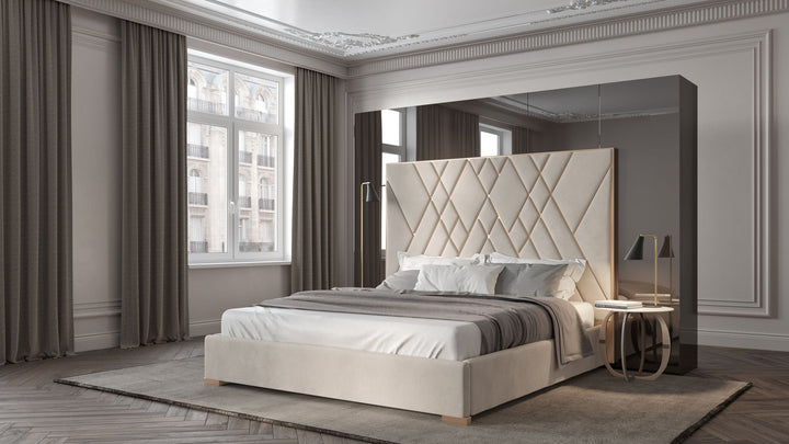 Modrest Eldora - Queen Glam Beige Velvet and Brushed Brass Bed