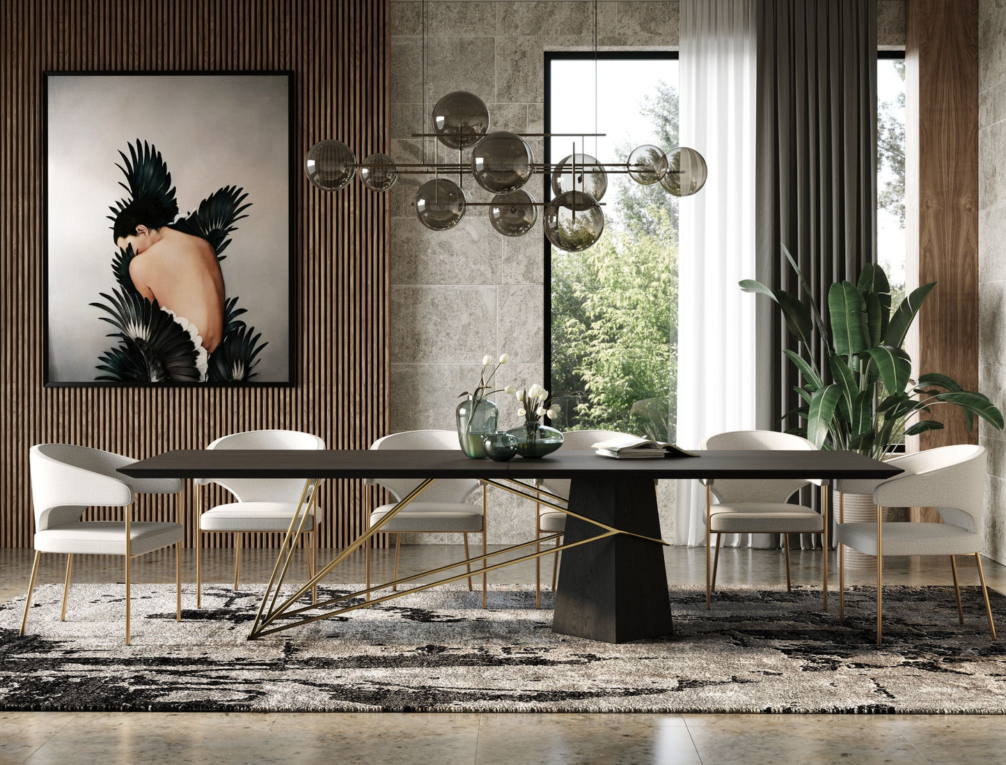 Modrest Elkhorn - Glam Black Ash + Stainless Steel 126" Dining Table