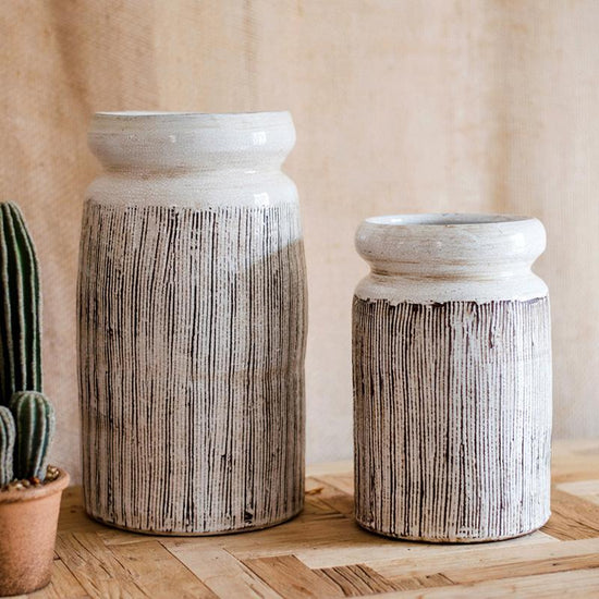 Glazed Ceramic Abstract Brown Stripe White Vase