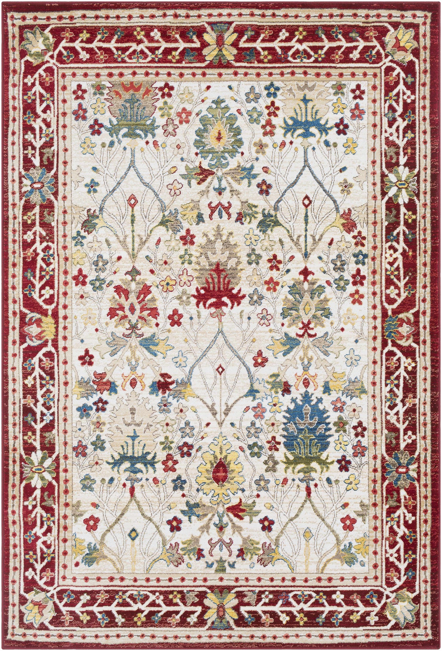 Neola Polypropylene Damask Rug, White/Red