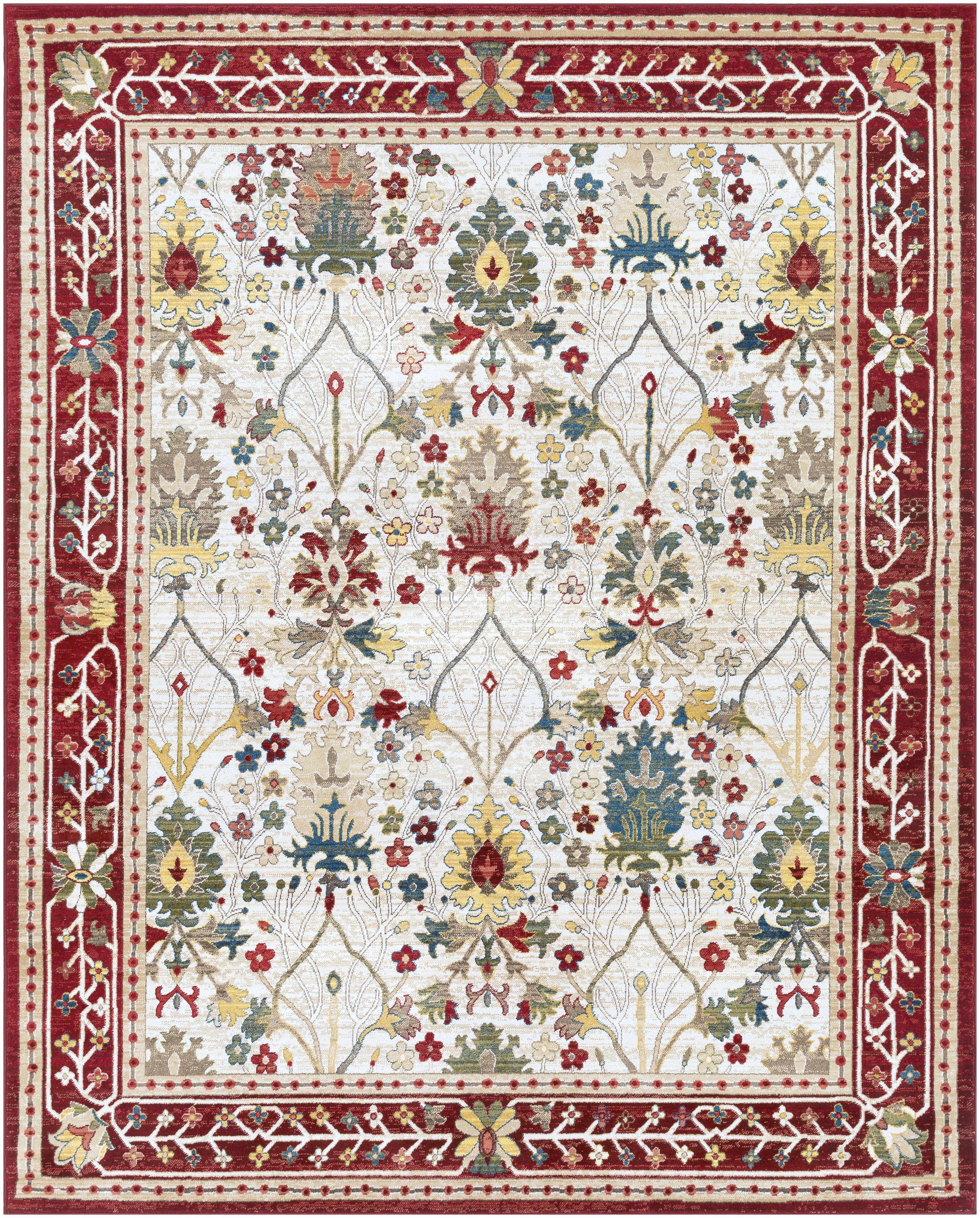 Neola Polypropylene Damask Rug, White/Red