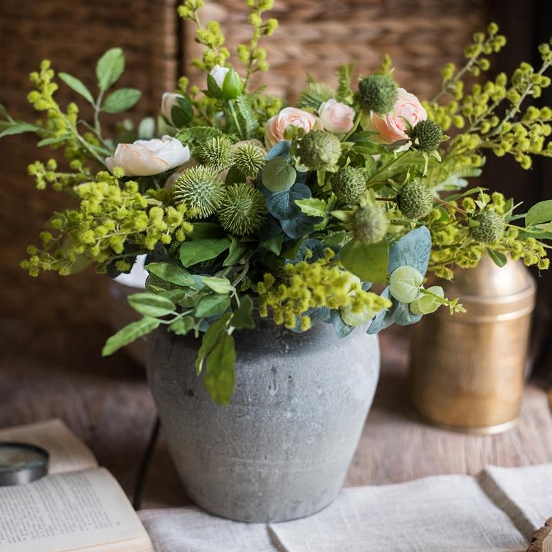 Greenery White Rose Bouquet in Pottery Set