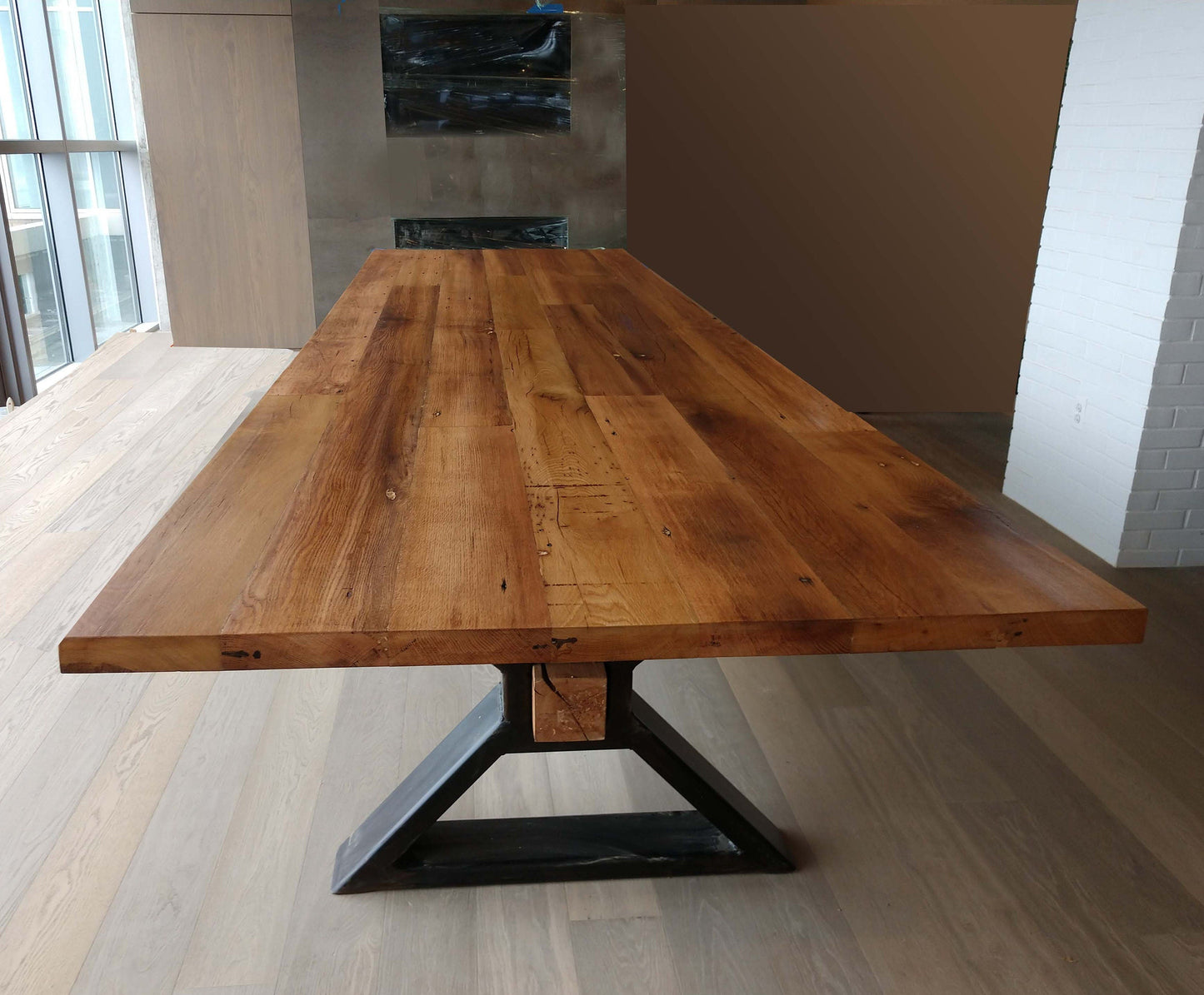 "The Executive" Antique White Oak Conference Table with Metal Trestle Base