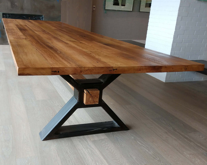 "The Executive" Antique White Oak Conference Table with Metal Trestle Base