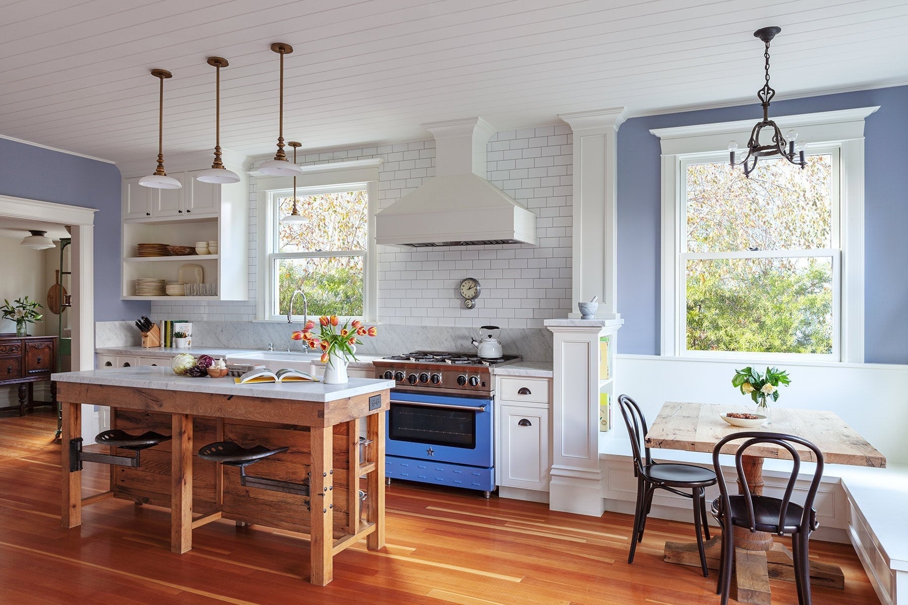 Mid-century Modern Butcher Block Kitchen Island with Built-in Seating