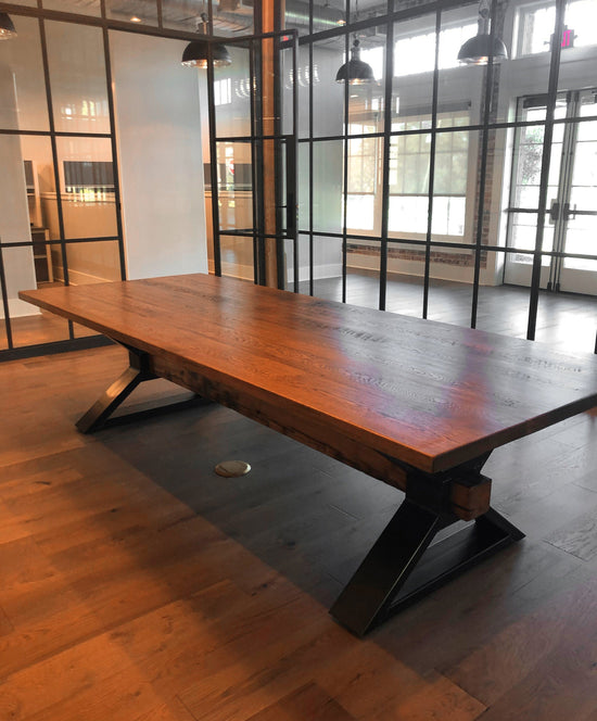 "The Executive" Antique White Oak Conference Table with Metal Trestle Base