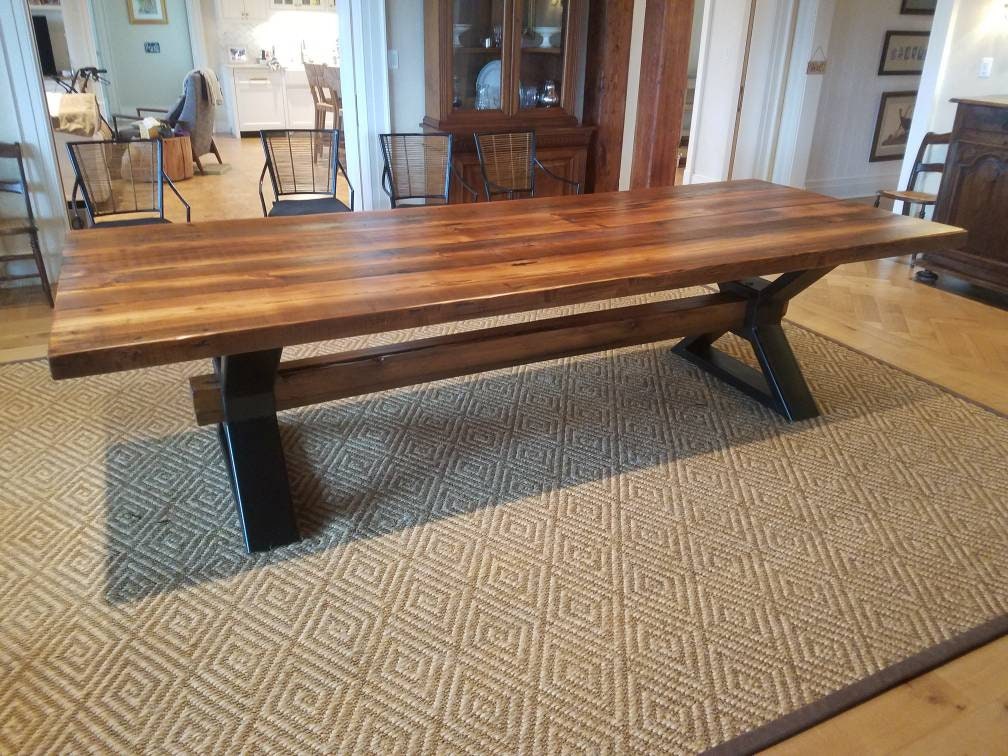 "The Executive" Antique White Oak Conference Table with Metal Trestle Base