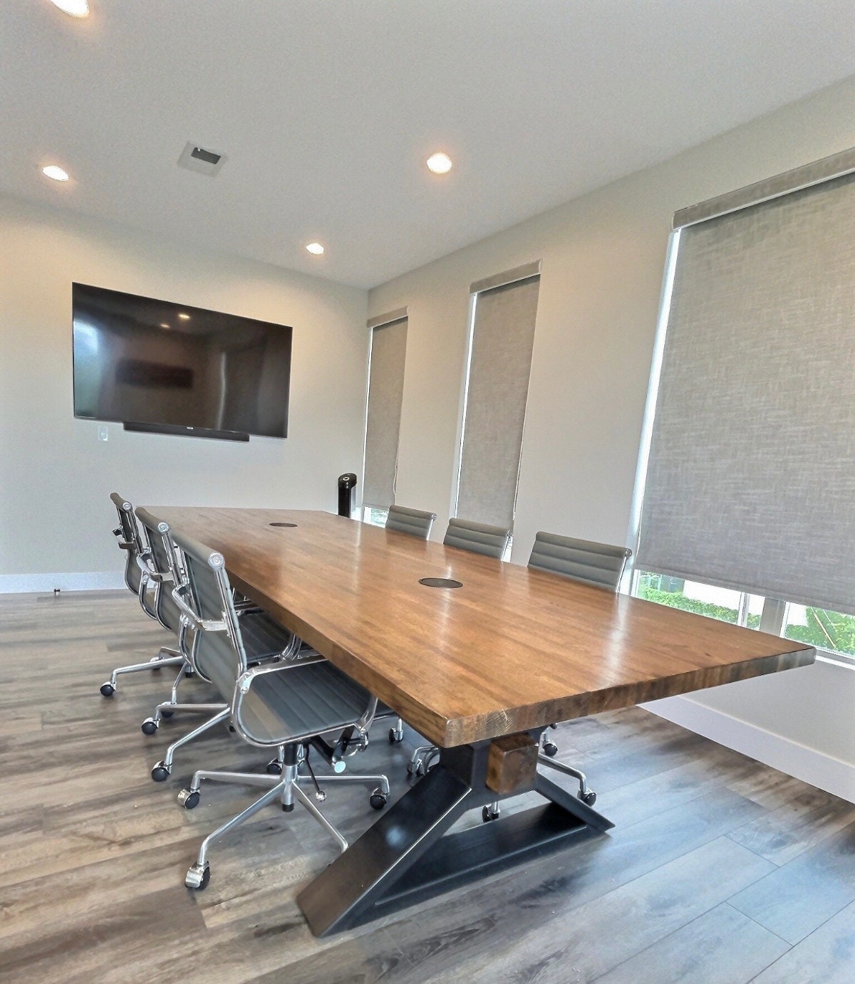 "The Executive" Antique White Oak Conference Table with Metal Trestle Base