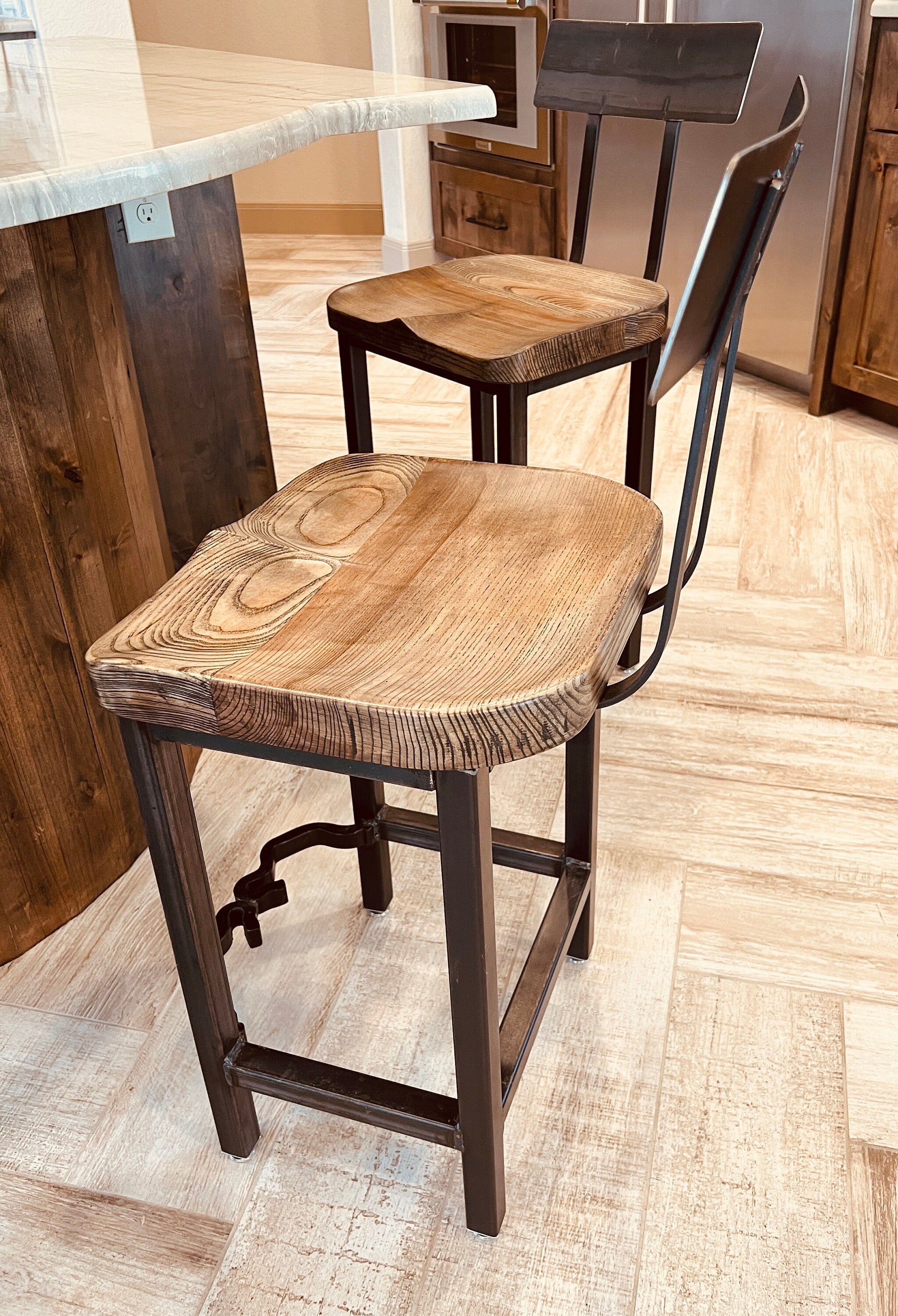 "Baker Street" Reclaimed Wood Bar Chair w/ Salvaged Metal Legs